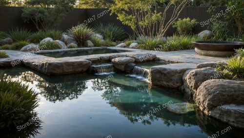 Tranquil Garden Oasis with Waterfall and Stone Pathway