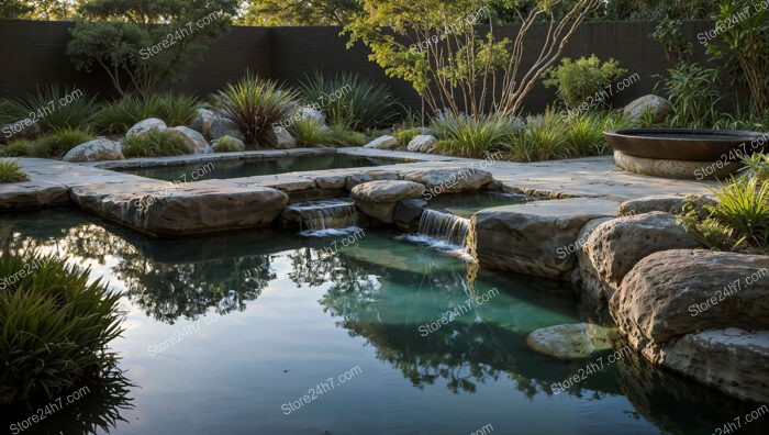 Tranquil Garden Oasis with Waterfall and Stone Pathway