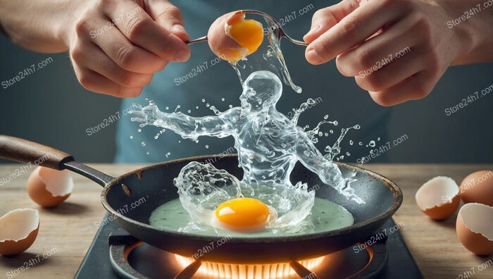 Transcendent Liquid Form Ascending from Eggshell in Pan