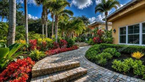 Tropical Garden Pathway with Lush Palms and Vibrant Flowers