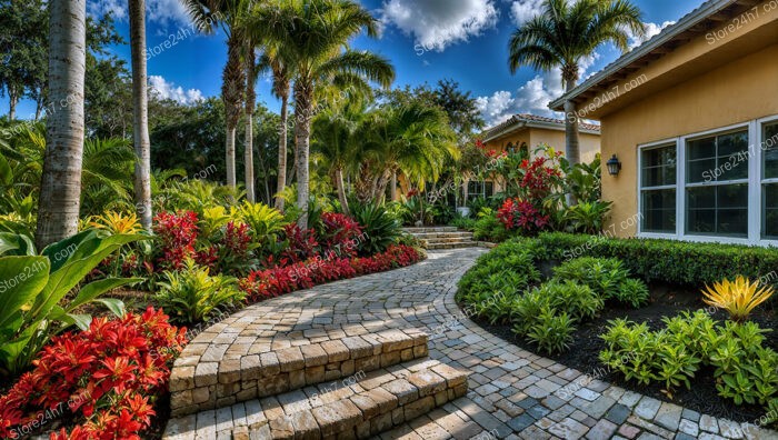 Tropical Garden Pathway with Lush Palms and Vibrant Flowers