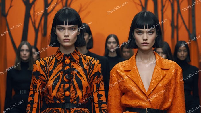 Twin Fashion Models in Bold Orange and Black Outfits