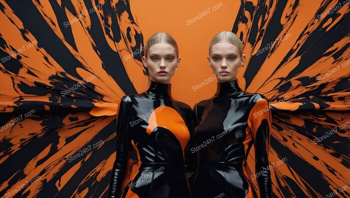 Twin Models in Striking Black and Orange Outfits