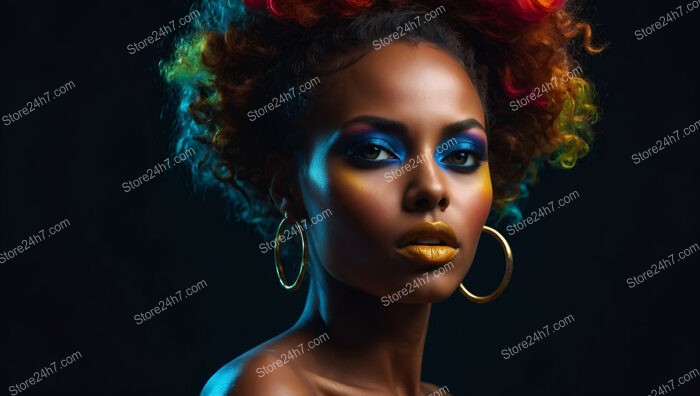 Vibrant Afro with Bold Makeup and Neon Highlights