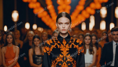 Vibrant Fashion Model Showcasing Elegant Black and Orange Dress