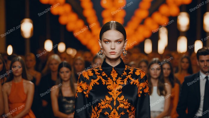 Vibrant Fashion Model Showcasing Elegant Black and Orange Dress