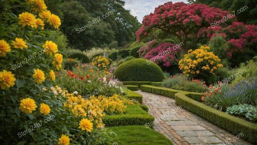 Vibrant Garden Pathway with Lush Greenery and Blossoming Flowers