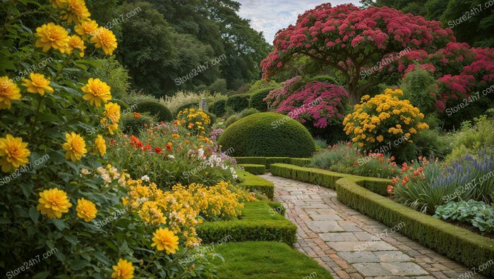 Vibrant Garden Pathway with Lush Greenery and Blossoming Flowers