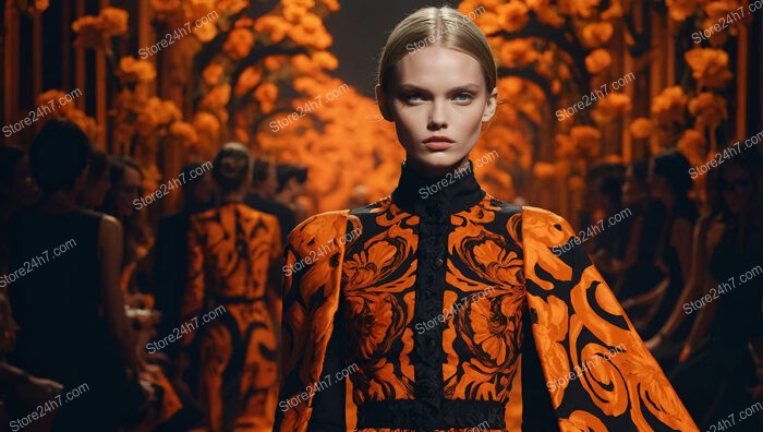 Vibrant High Fashion: A Symphonic Orange and Black Runway