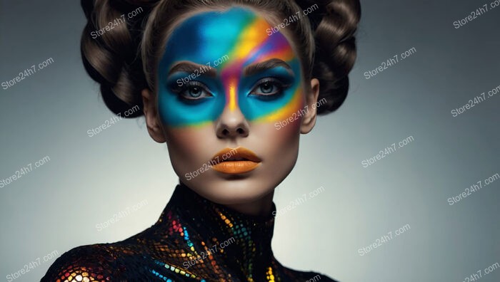 Vibrant Kaleidoscope Makeup with Sculpted Hair Design