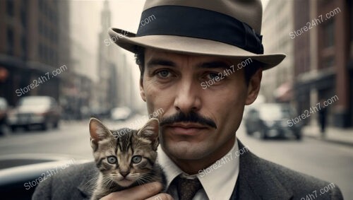 Vintage Man in Suit and Hat Holding a Kitten