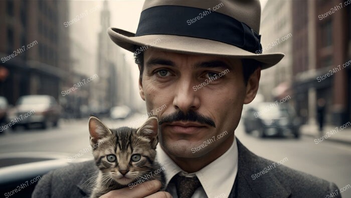 Vintage Man in Suit and Hat Holding a Kitten