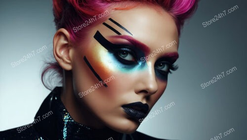 Vivid Pink Hair and Futuristic Makeup with Geometric Accents