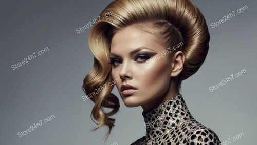 Voluminous blonde updo with soft curls and bold makeup