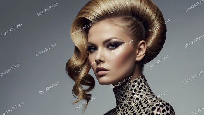 Voluminous blonde updo with soft curls and bold makeup