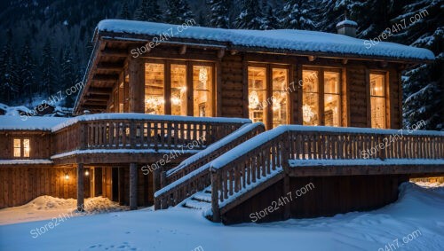 Warmly Lit Alpine Chalet Amidst Winter Wonderland