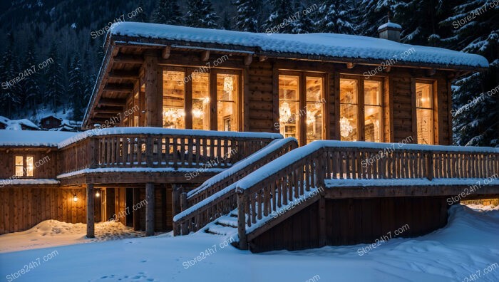 Warmly Lit Alpine Chalet Amidst Winter Wonderland