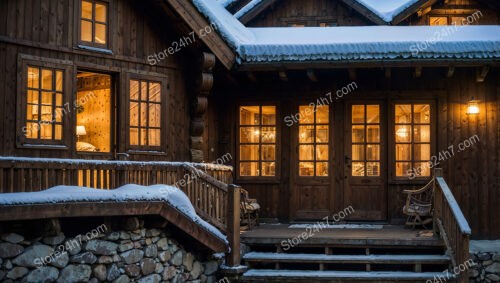 Warmly Lit Chalet Exterior with Wooden Accents