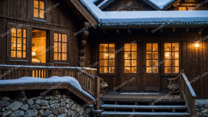 Warmly Lit Chalet Exterior with Wooden Accents