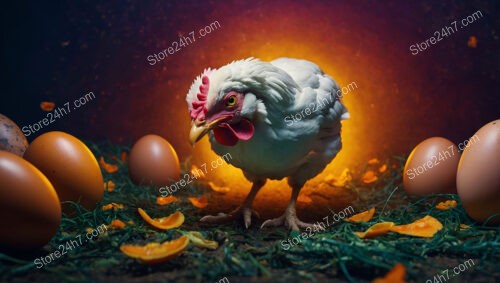 What Came First: Chicken Gazes At Glowing Eggs