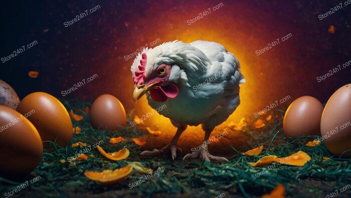 What Came First: Chicken Gazes At Glowing Eggs