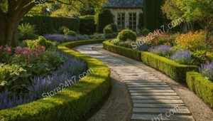 Winding Garden Pathway with Lush Greenery and Colorful Flowers