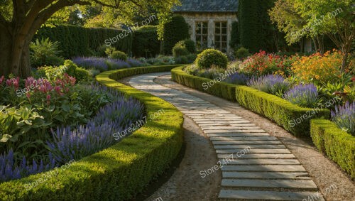 Winding Garden Pathway with Lush Greenery and Colorful Flowers