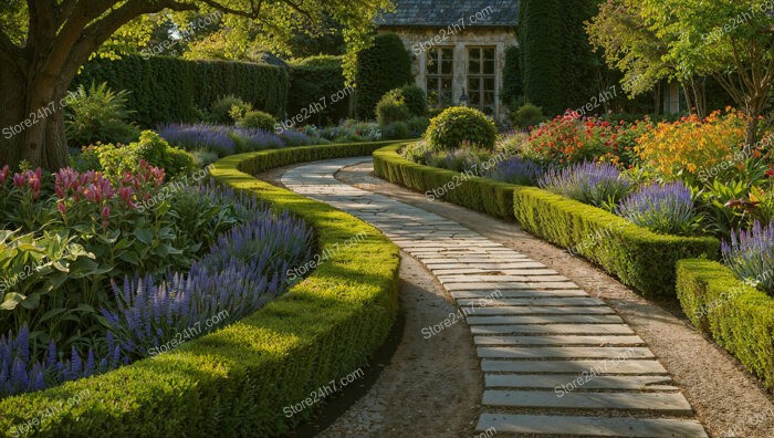 Winding Garden Pathway with Lush Greenery and Colorful Flowers