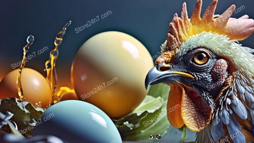 A Chicken and Eggs in a Surreal Splash Scene