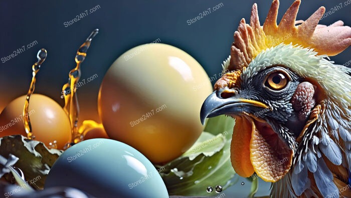 A Chicken and Eggs in a Surreal Splash Scene