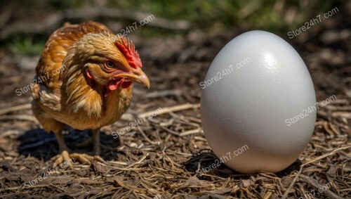 A Chicken Contemplates the Mysteries of a Large Egg