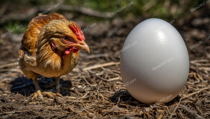 A Chicken Contemplates the Mysteries of a Large Egg