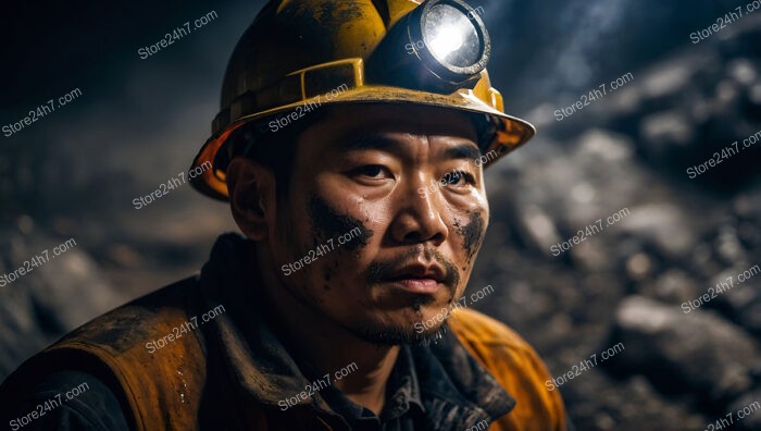 Grit and Resolve: A Miner’s Intense Gaze This evocative image portrays a coal miner deep underground, his face smeared with coal dust and his expression filled with intensity. The yellow hard hat, slightly askew, and the headlamp lighting up the dim environment are symbols of his daily battle with the darkness. The miner’s focused gaze speaks to the determination and strength required to navigate the treacherous conditions below the earth. The dimly lit background, filled with shadows, adds a layer of depth to the image, emphasizing the isolation and solitude that often accompany underground work. Strength and Resilience in the Depths Below This photograph captures the essence of a coal miner’s life, highlighting the strength and resilience needed to endure the harsh conditions of working underground. The miner’s soot-covered face and intense expression reflect the physical and mental demands of his job, where every day is a test of endurance. The dark, shadowy environment surrounding him enhances the sense of depth and isolation, creating a powerful visual narrative of strength and resolve. This image is ideal for use in news articles, blogs, or commercial content that aims to depict the challenges faced by those who work in such demanding environments. This image is versatile and can be utilized for any online or print purpose, offering a compelling visual for content related to labor, industry, or resilience. Its raw, emotional impact makes it an excellent choice for engaging audiences and adding depth to discussions about the human side of industrial work.