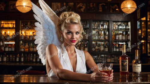 Angel enjoying a whiskey at an earthly bar scene