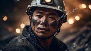 Attentive Miner with Headlamp Deep Inside Coal Mine