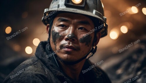 Attentive Miner with Headlamp Deep Inside Coal Mine