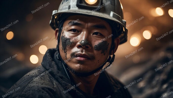 Attentive Miner with Headlamp Deep Inside Coal Mine