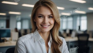 Bright and friendly secretary offering client support at desk