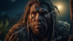 Caveman at Night Holding Spear Under Moonlight
