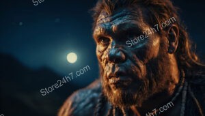Caveman Contemplating Under a Full Moon at Night
