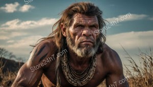 Caveman Crawling on Open Plains Under Clear Skies