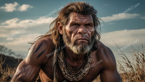 Caveman Crawling on Open Plains Under Clear Skies