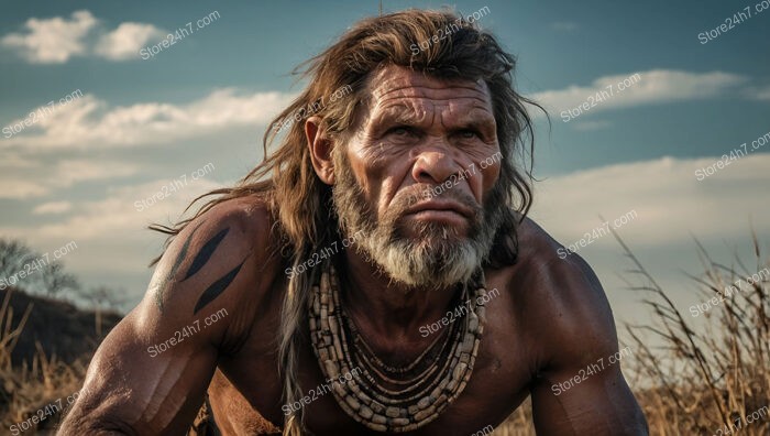 Caveman Crawling on Open Plains Under Clear Skies