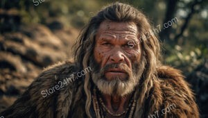 Caveman Gazing into Distance in Ancient Wilderness Landscape