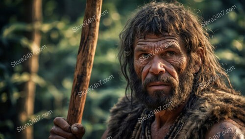 Caveman Holding Spear in Dense Prehistoric Forest