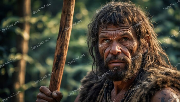 Caveman Holding Spear in Dense Prehistoric Forest