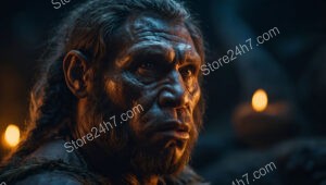 Caveman in Candlelit Cave Reflecting on Prehistoric Life