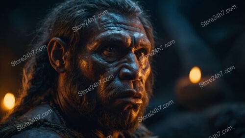 Caveman in Candlelit Cave Reflecting on Prehistoric Life