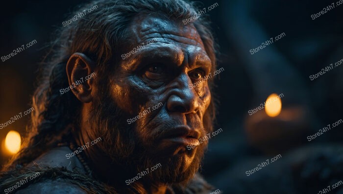 Caveman in Candlelit Cave Reflecting on Prehistoric Life