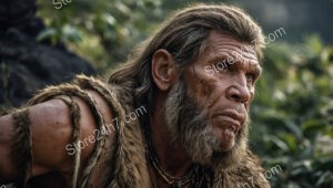Caveman in Thought Amidst Lush Prehistoric Wilderness